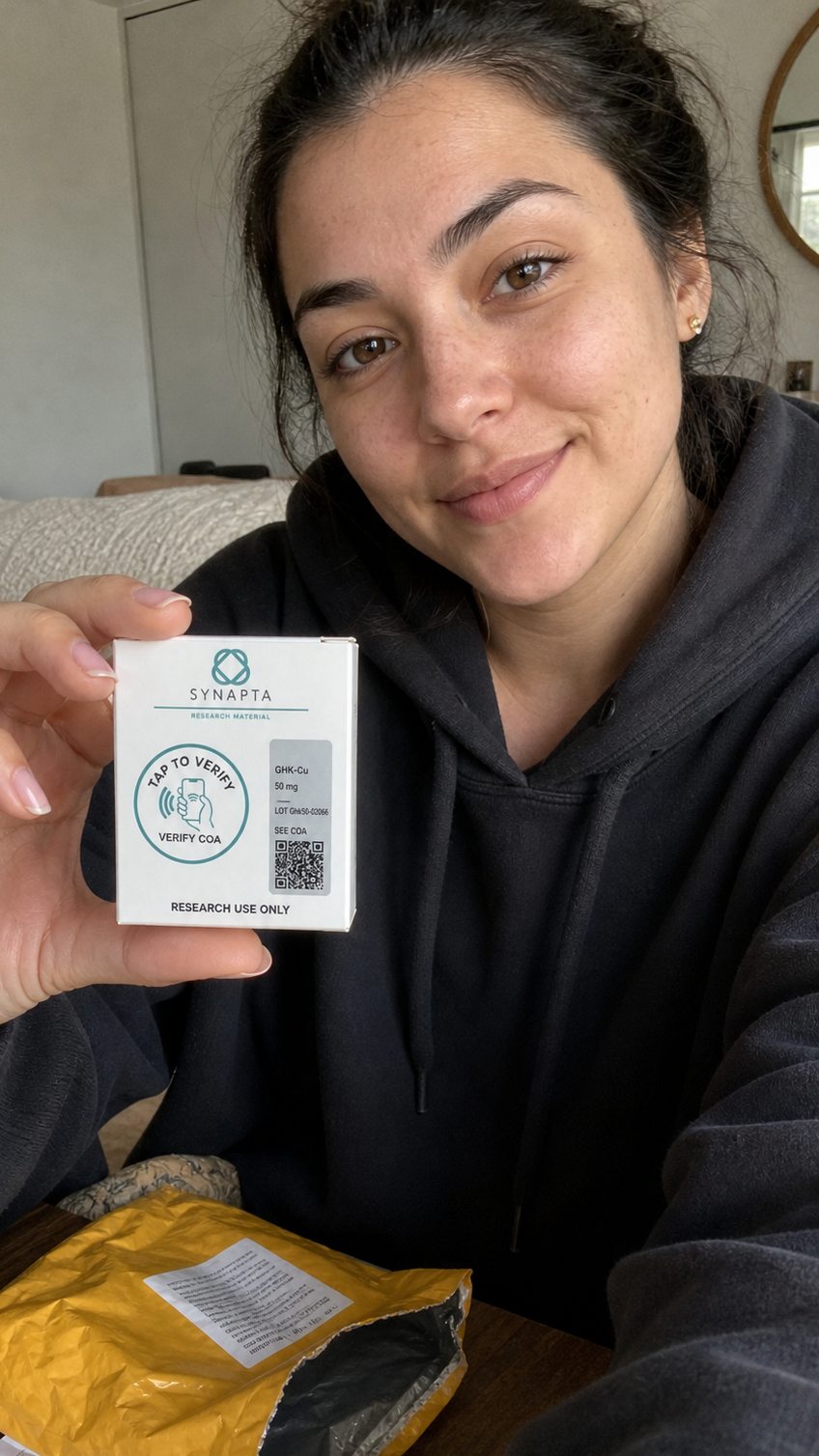 Customer showing a Synapta Labs box with verification QR code