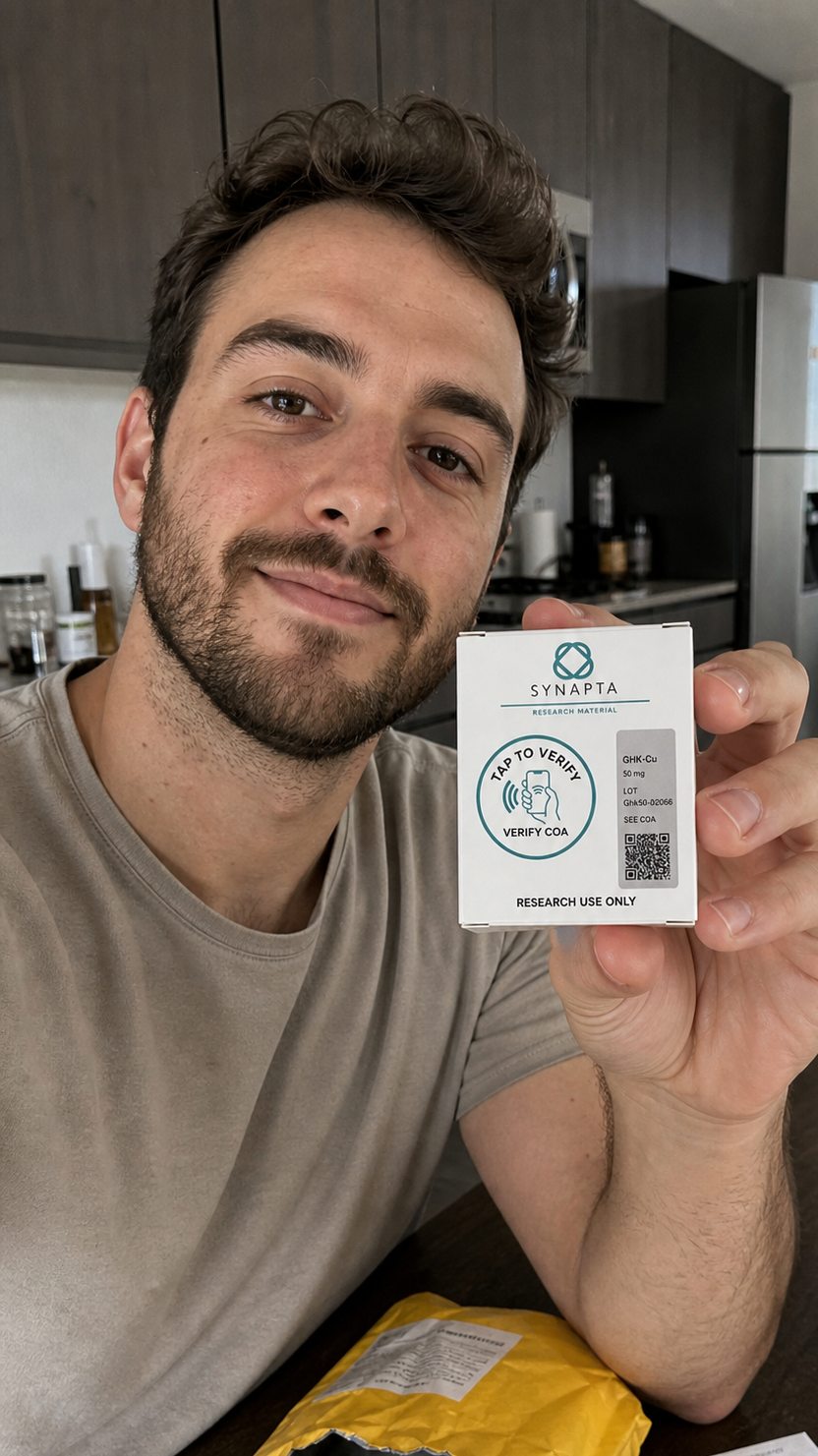 Customer showing a Synapta Labs box with COA verification sticker
